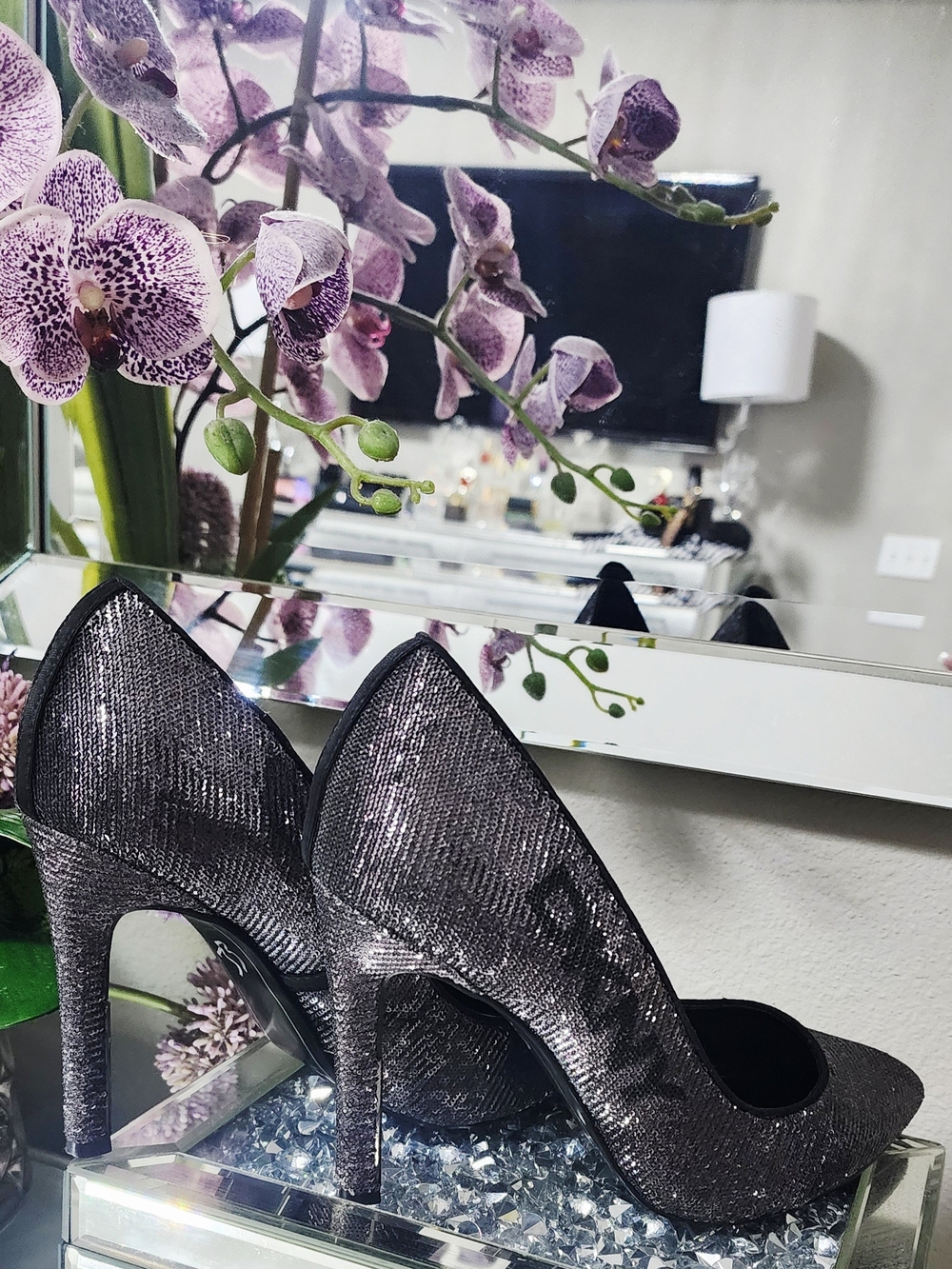 DKNY Women's Shimmery Pointed Toe High Heels in Metallic Gunmetal